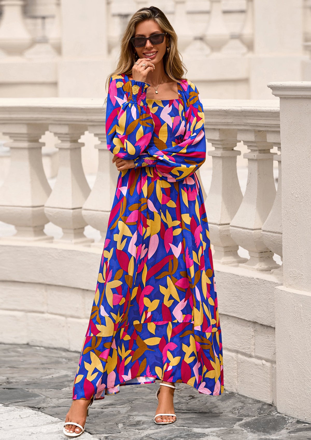 Floral A-Line Flowy Maxi Dress - Long Sleeve, Square Neck, photo 9