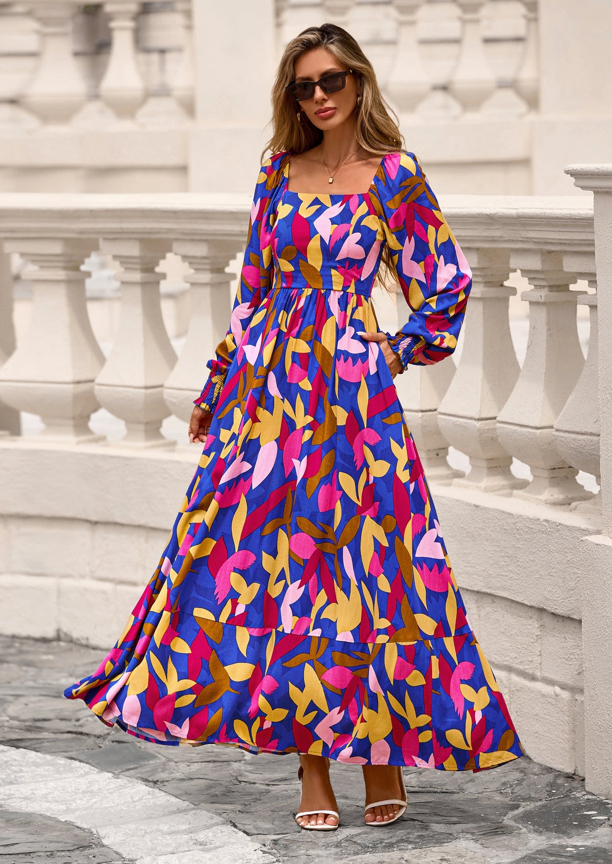 Floral A-Line Flowy Maxi Dress - Long Sleeve, Square Neck, photo 10