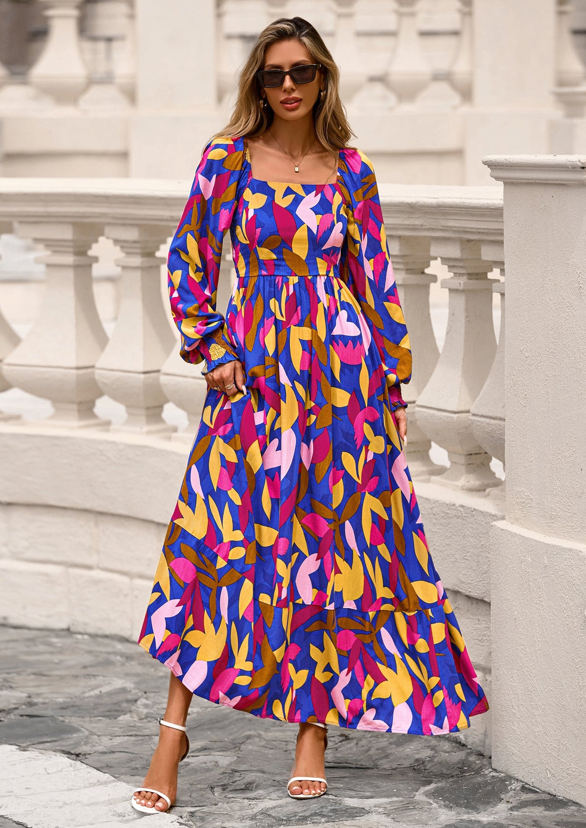 Floral A-Line Flowy Maxi Dress - Long Sleeve, Square Neck, photo 12