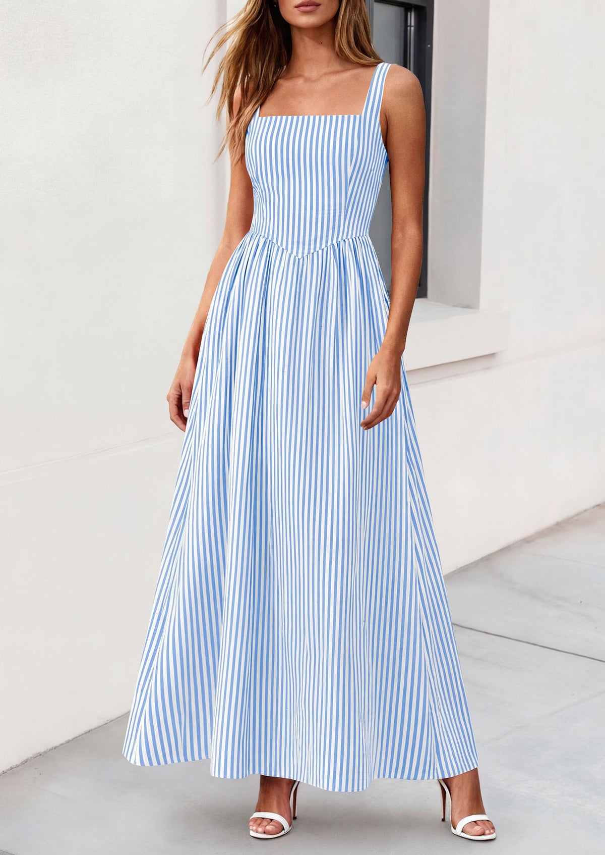 Striped Smocked A-Line Maxi Dress - Sleeveless, Square Neck, photo 8