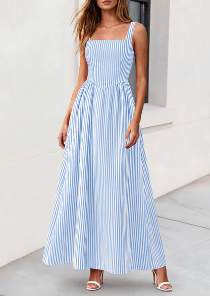 Striped Smocked A-Line Maxi Dress - Sleeveless, Square Neck, photo 8