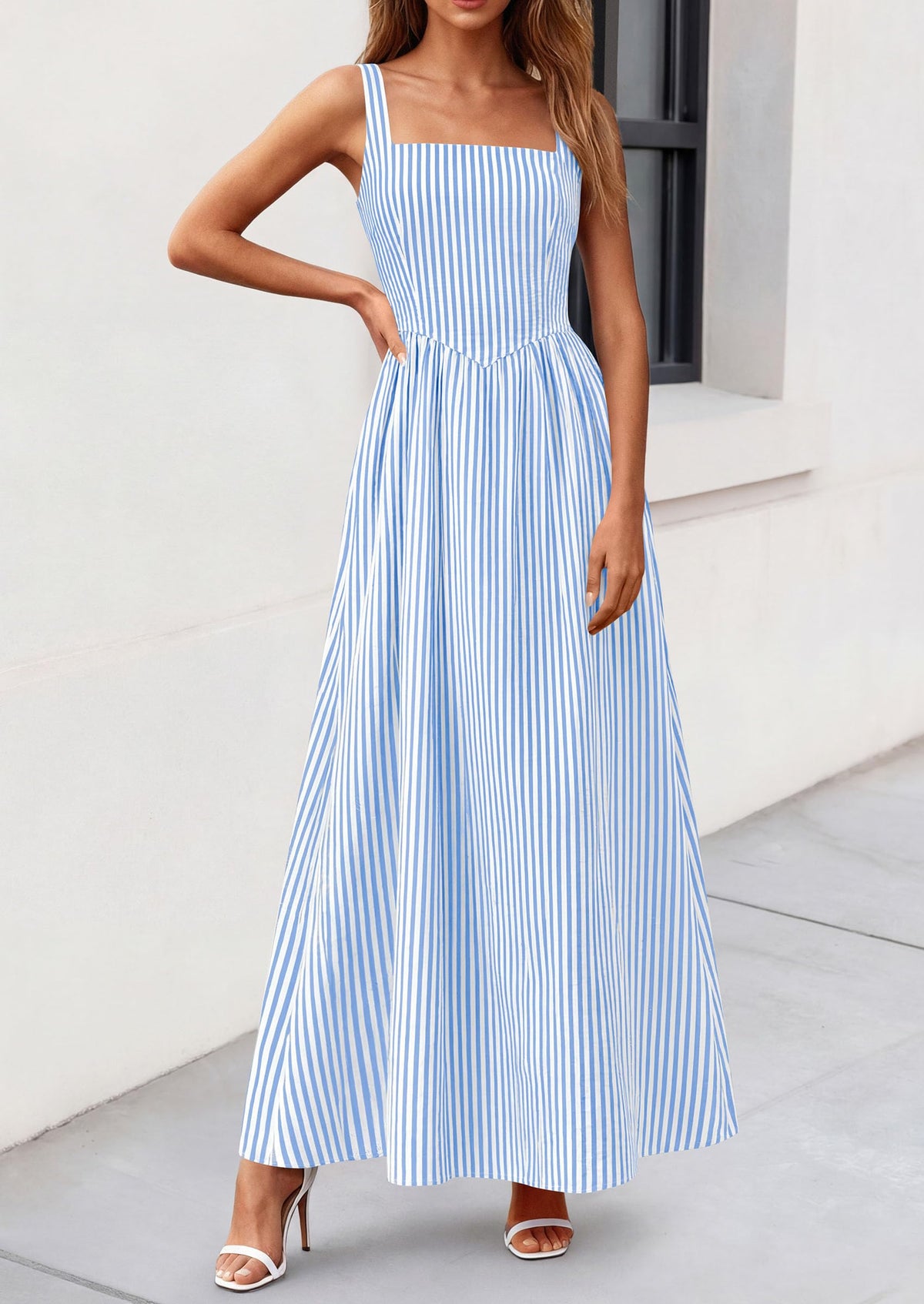 Striped Smocked A-Line Maxi Dress - Sleeveless, Square Neck, photo 9