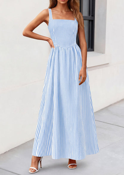 Striped Smocked A-Line Maxi Dress - Sleeveless, Square Neck, photo 9