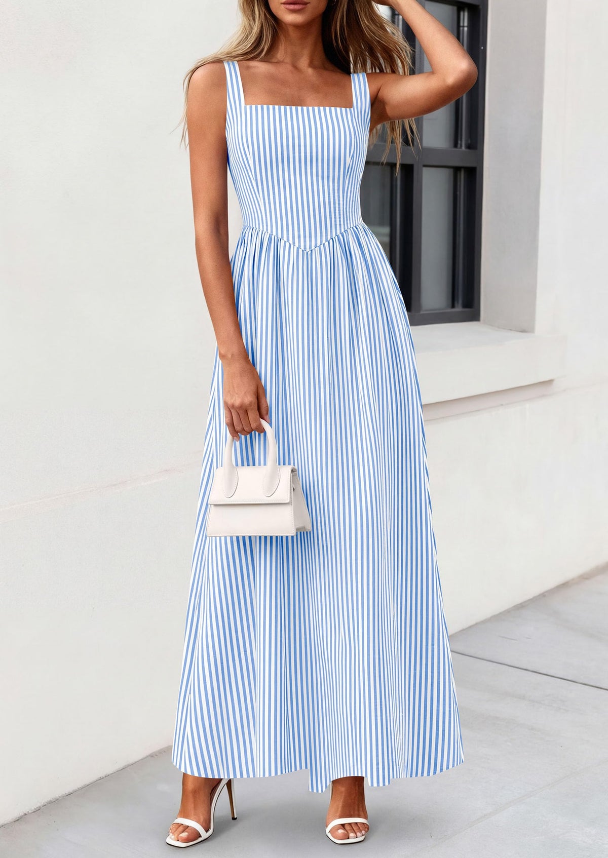 Striped Smocked A-Line Maxi Dress - Sleeveless, Square Neck, photo 10
