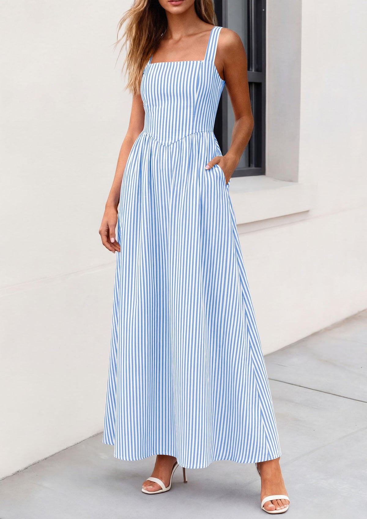 Striped Smocked A-Line Maxi Dress - Sleeveless, Square Neck, photo 11