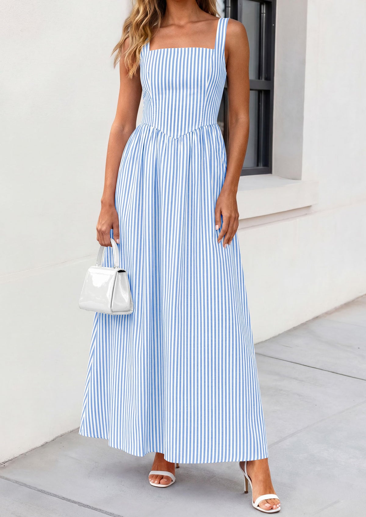Striped Smocked A-Line Maxi Dress - Sleeveless, Square Neck, photo 12
