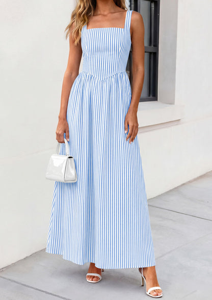 Striped Smocked A-Line Maxi Dress - Sleeveless, Square Neck, photo 12
