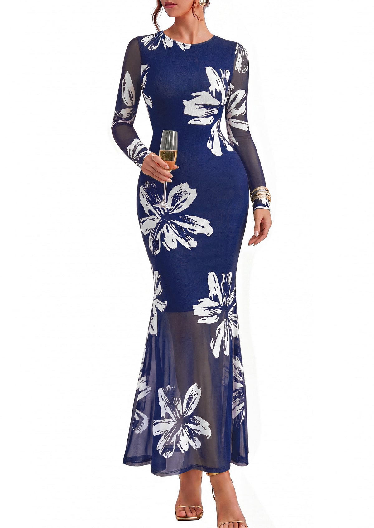 Floral Mesh Bodycon Maxi Dress - Long Sleeve, Crewneck, Photo 3