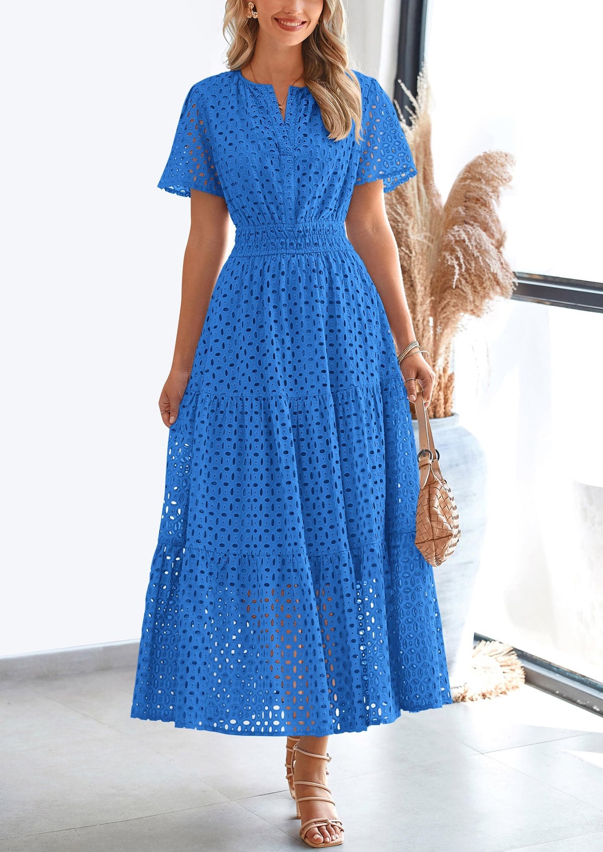 Eyelet A-Line Flowy Maxi Dress - Short Sleeve, V-Neck, Beach - photo 21