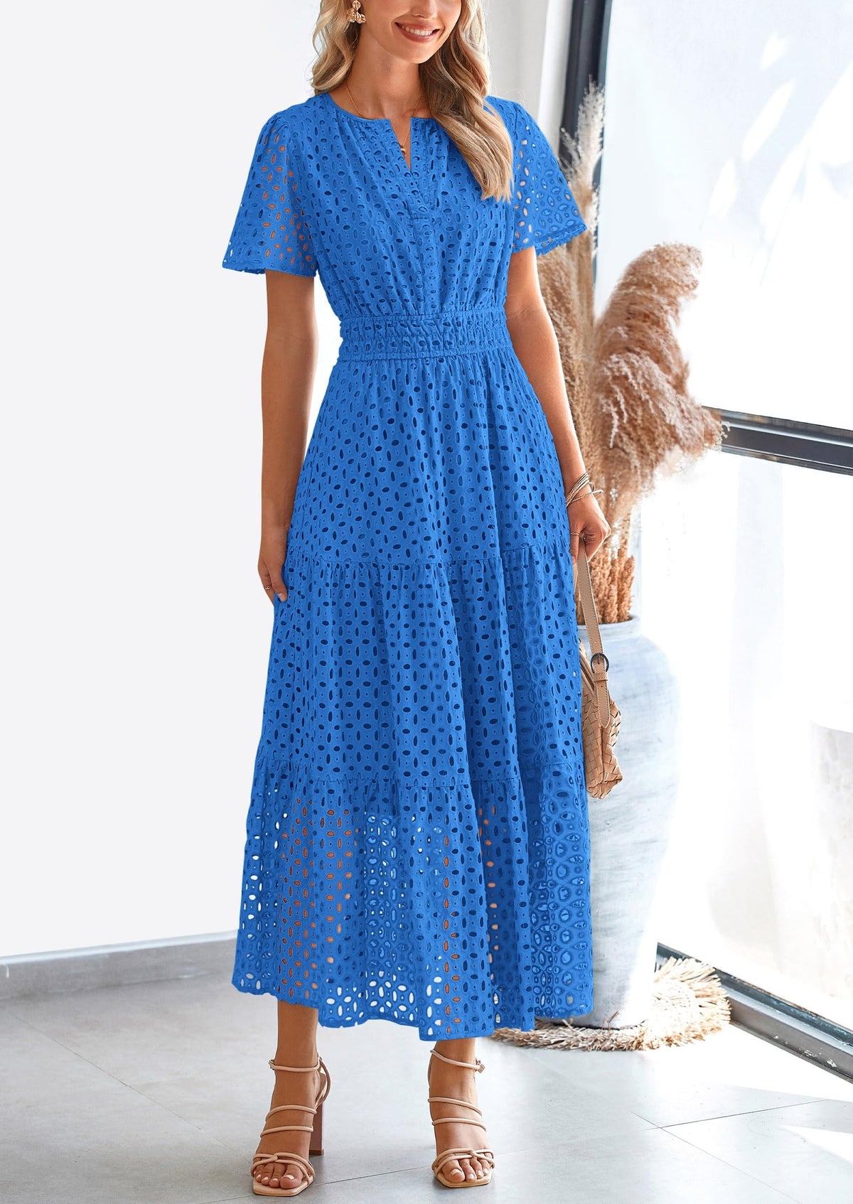 Eyelet A-Line Flowy Maxi Dress - Short Sleeve, V-Neck, Beach - photo 23