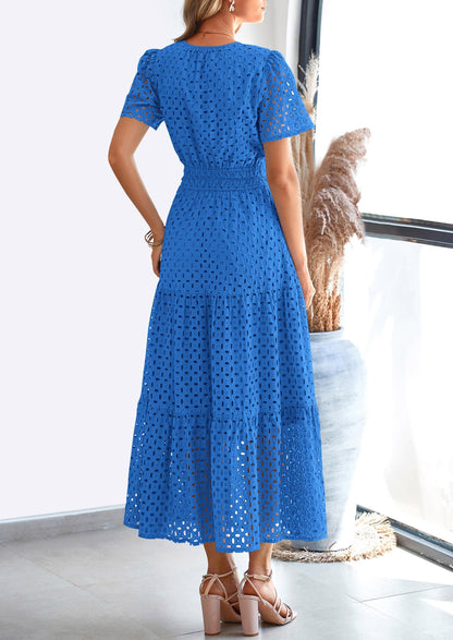 Eyelet A-Line Flowy Maxi Dress - Short Sleeve, V-Neck, Beach - photo 20