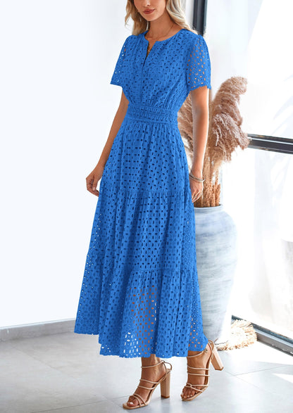 Eyelet A-Line Flowy Maxi Dress - Short Sleeve, V-Neck, Beach - photo 24