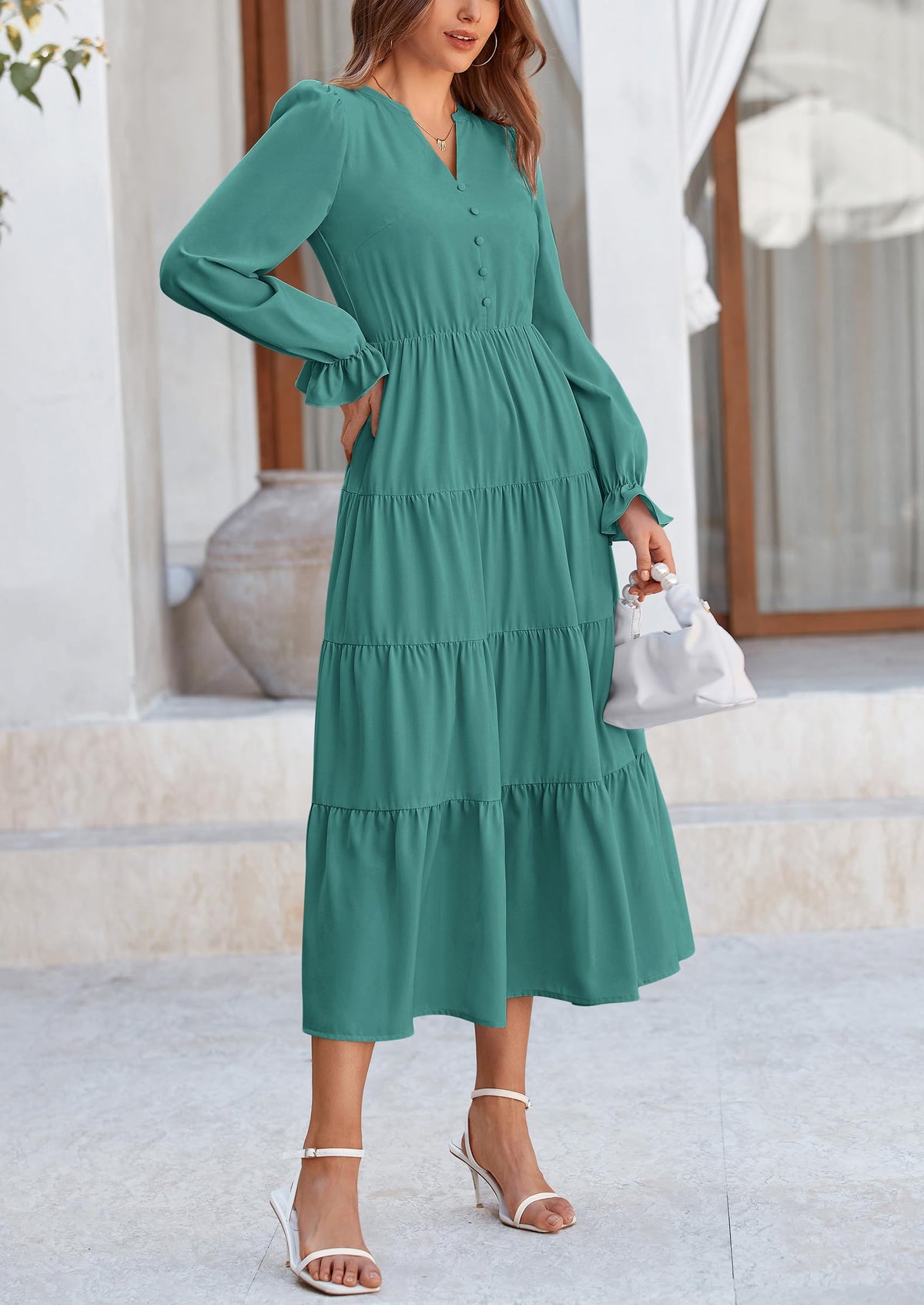 Brick Red Swiss Dot Smocked Tiered Maxi Dress - Long Sleeve, photo 70