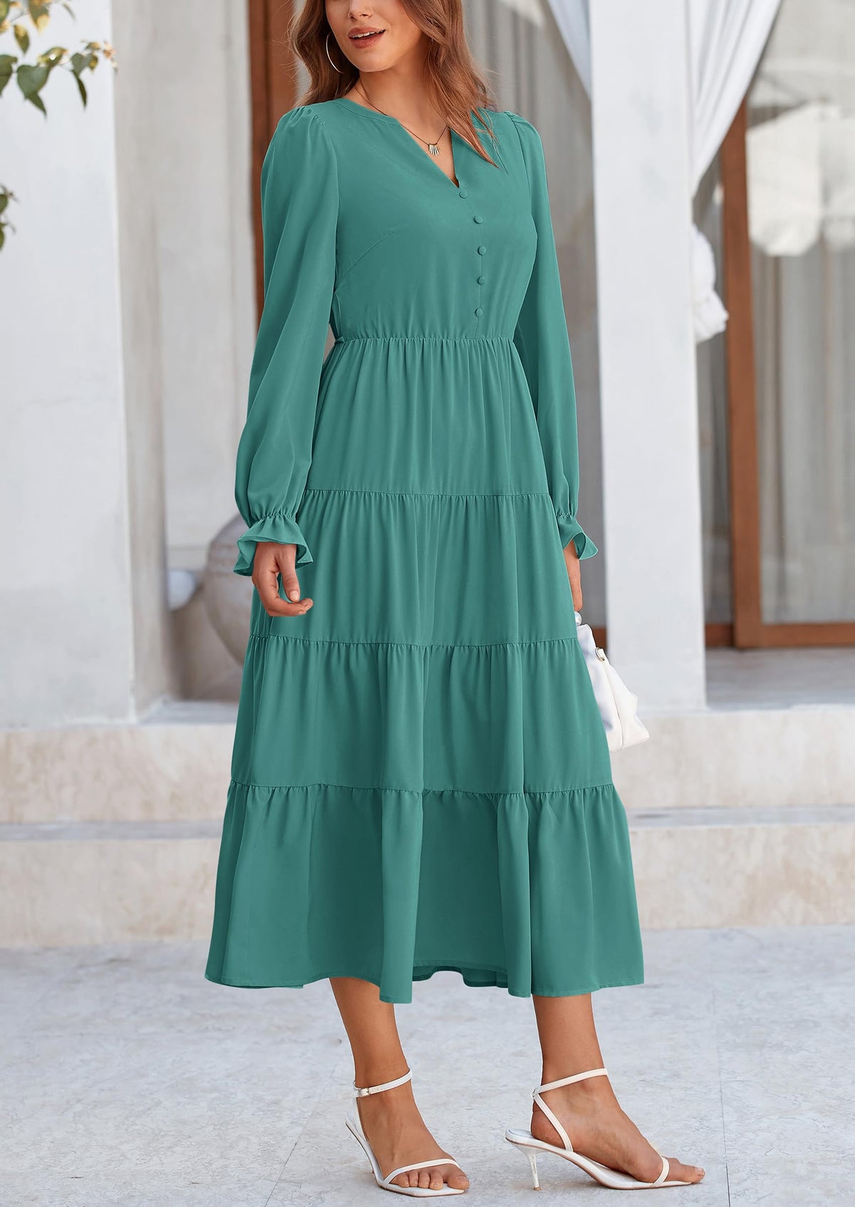 Brick Red Swiss Dot Smocked Tiered Maxi Dress - Long Sleeve, photo 72