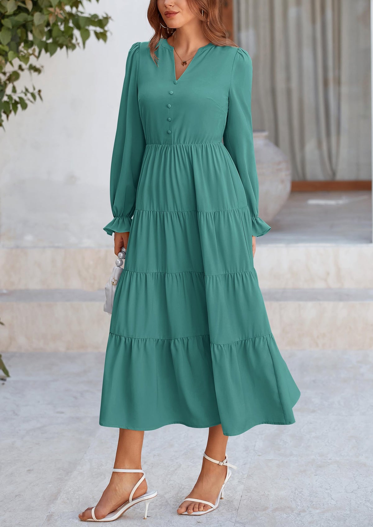Brick Red Swiss Dot Smocked Tiered Maxi Dress - Long Sleeve, photo 71