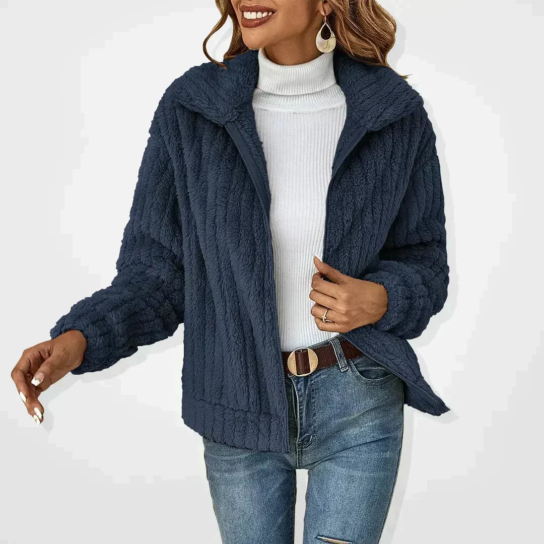 Elegant plush textured jacket with voluminous silhouette and luxurious soft finish for a sophisticated look