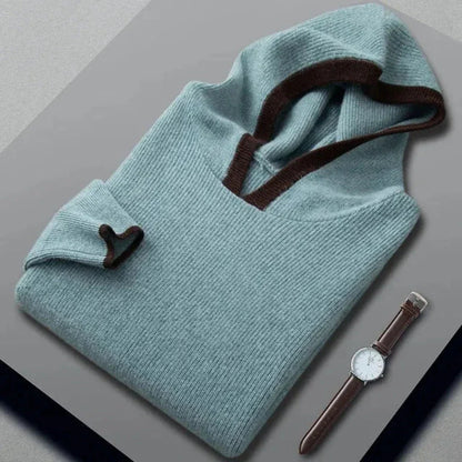 Brent gray cashmere-wool hooded sweater with contrast-trimmed hood, minimalist relaxed fit