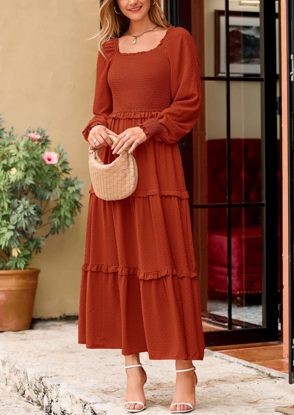 Beige Swiss Dot Smocked Tiered Maxi Dress - Long Sleeve, photo 68