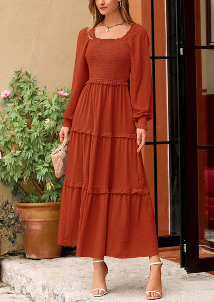 Beige Swiss Dot Smocked Tiered Maxi Dress - Long Sleeve, photo 70