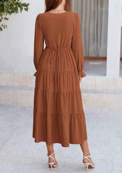 Brick Red Swiss Dot Smocked Tiered Maxi Dress - Long Sleeve, photo 81