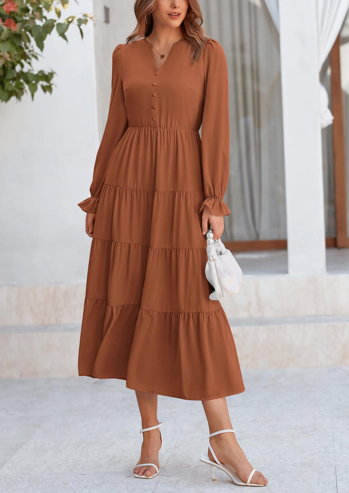 Brick Red Swiss Dot Smocked Tiered Maxi Dress - Long Sleeve, photo 82