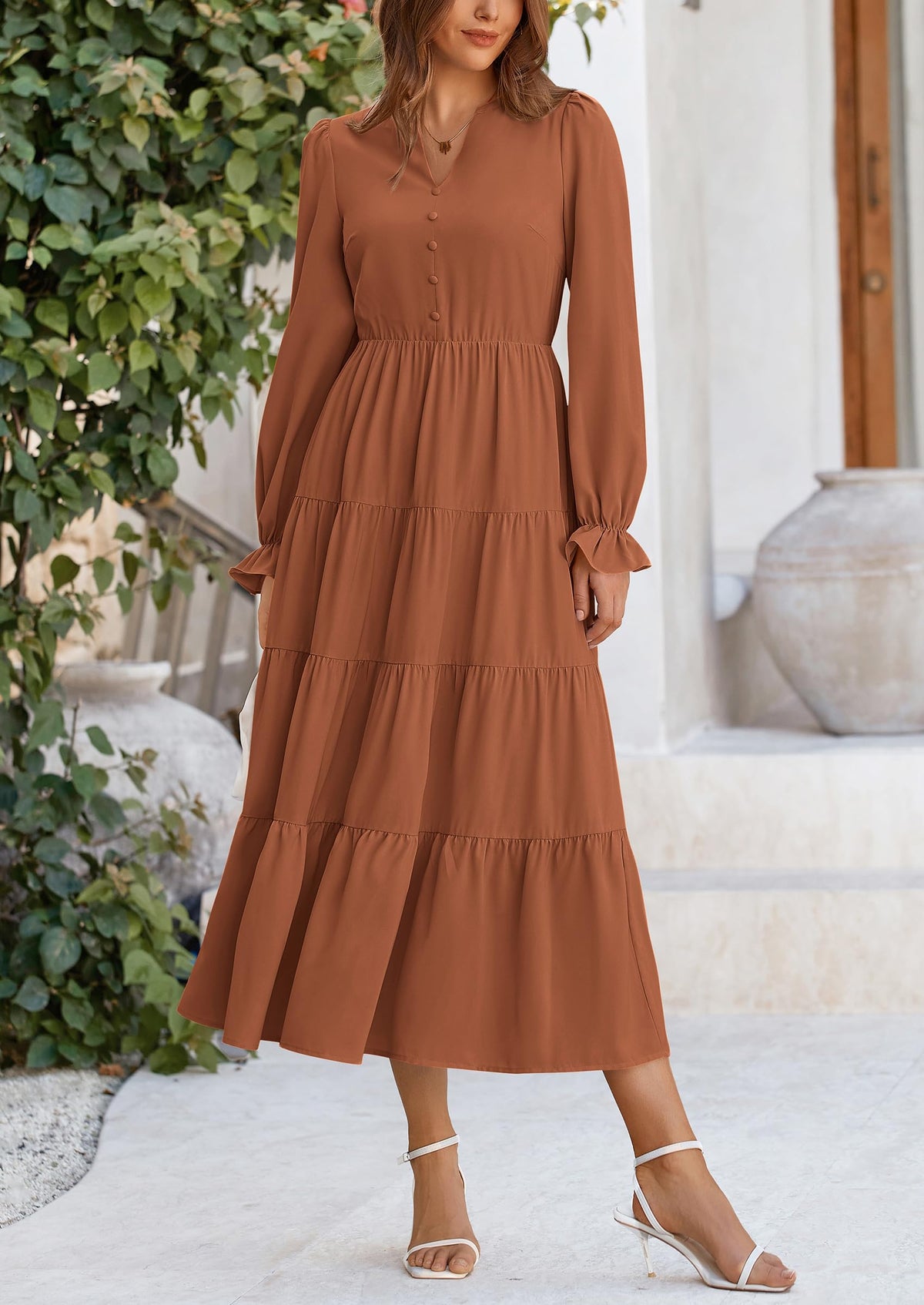 Brick Red Swiss Dot Smocked Tiered Maxi Dress - Long Sleeve, photo 83
