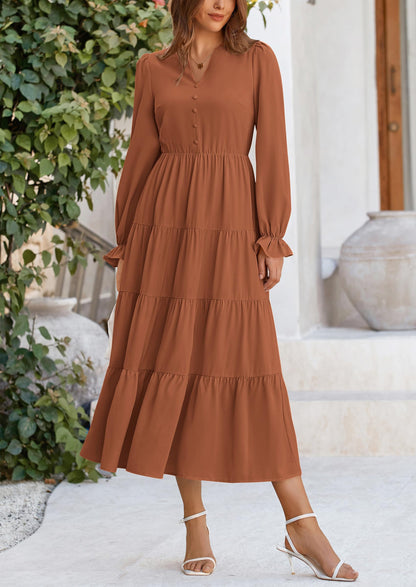 Brick Red Swiss Dot Smocked Tiered Maxi Dress - Long Sleeve, photo 83