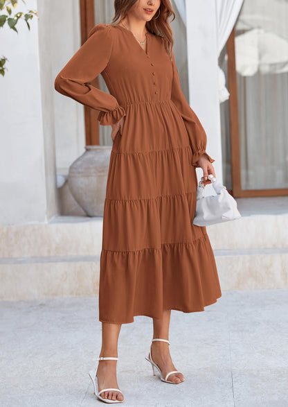 Brick Red Swiss Dot Smocked Tiered Maxi Dress - Long Sleeve, photo 85