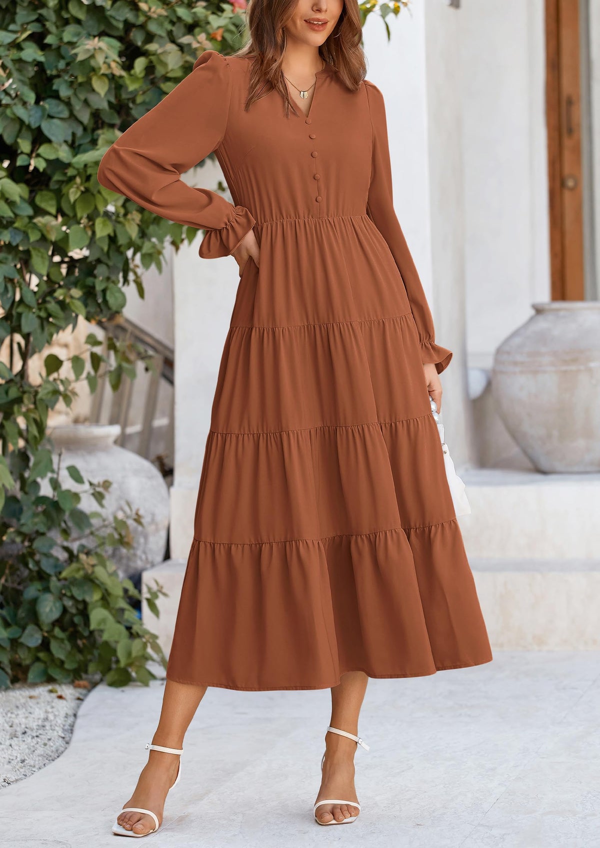 Brick Red Swiss Dot Smocked Tiered Maxi Dress - Long Sleeve, photo 87