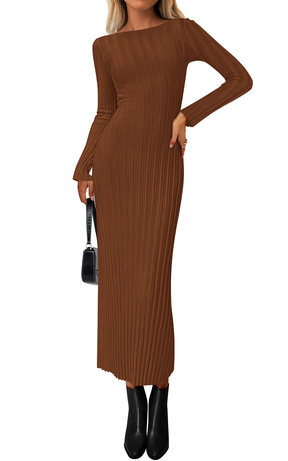 Sweater Knit Bodycon Maxi Dress - Long Sleeve, Boat Neck, Photo 4