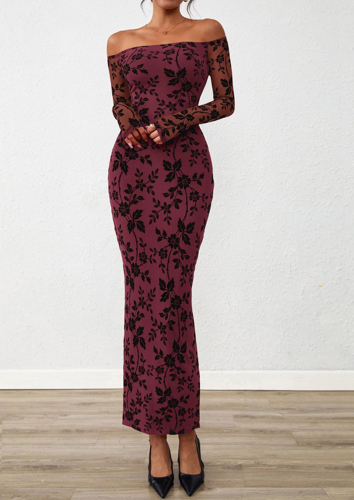 Brown Floral Mesh Bodycon Maxi Dress - Off-Shoulder, Formal - photo 18