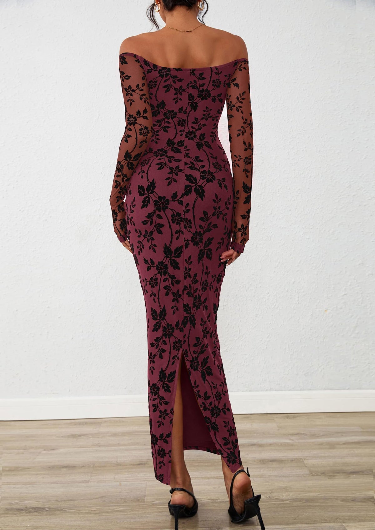 Brown Floral Mesh Bodycon Maxi Dress - Off-Shoulder, Formal - photo 22