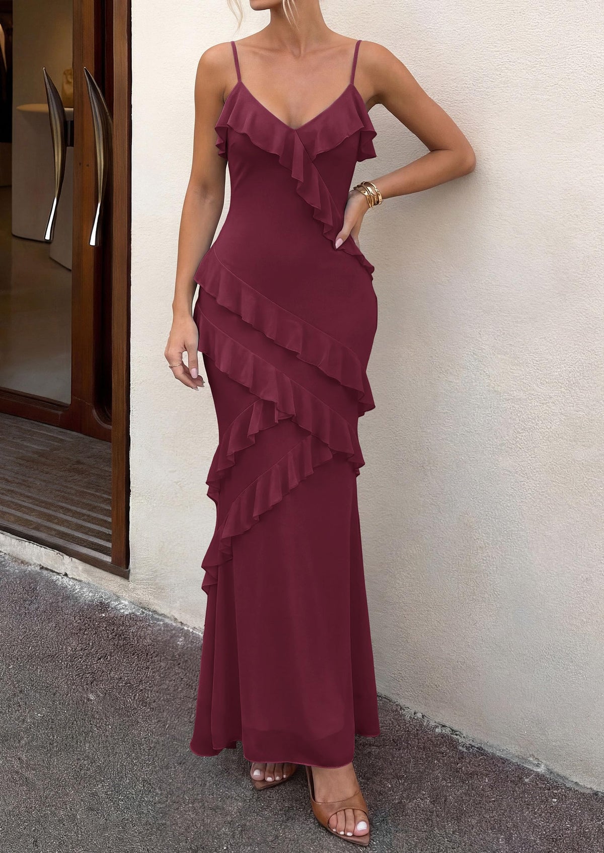 Mesh Bodycon Maxi Dress - Spaghetti Strap, V-Neck, Wedding - Photo 29