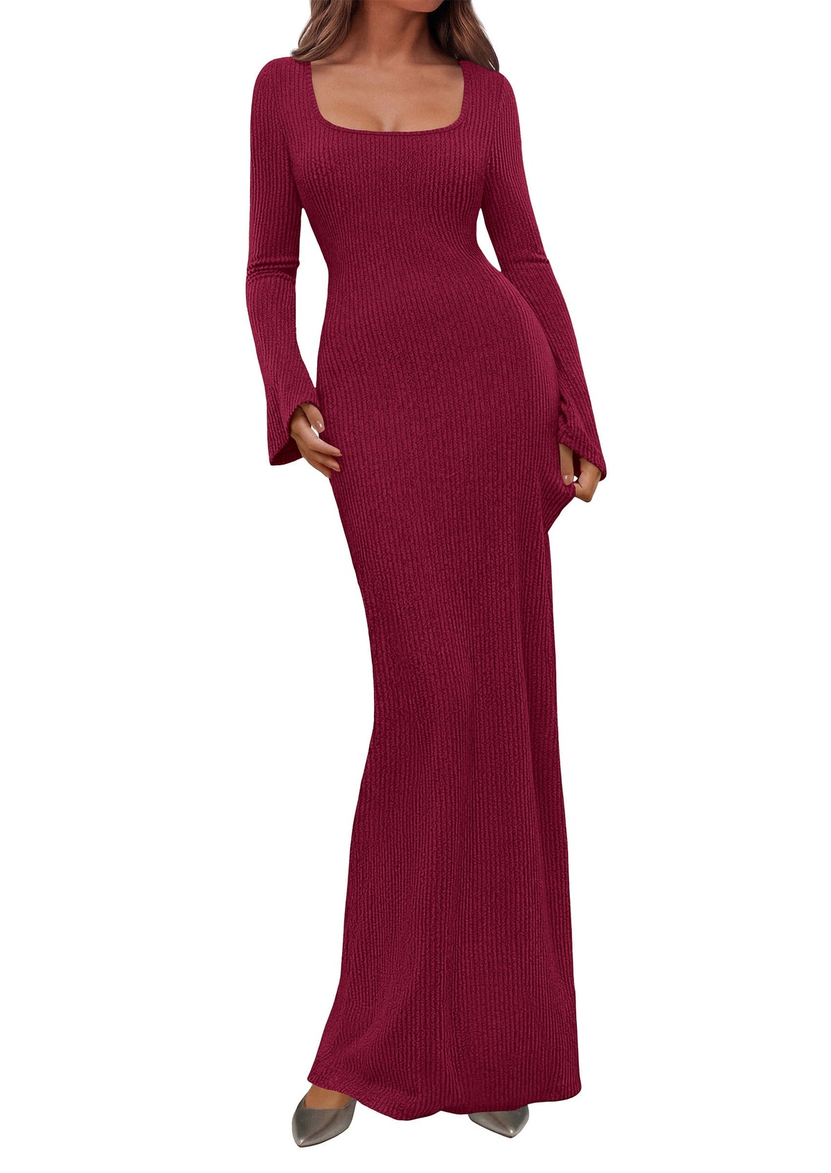 Ribbed Knit Bodycon Mermaid Maxi Dress - Long Sleeve, Square - Photo 19