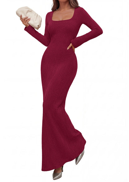 Ribbed Knit Bodycon Mermaid Maxi Dress - Long Sleeve, Square - Photo 20