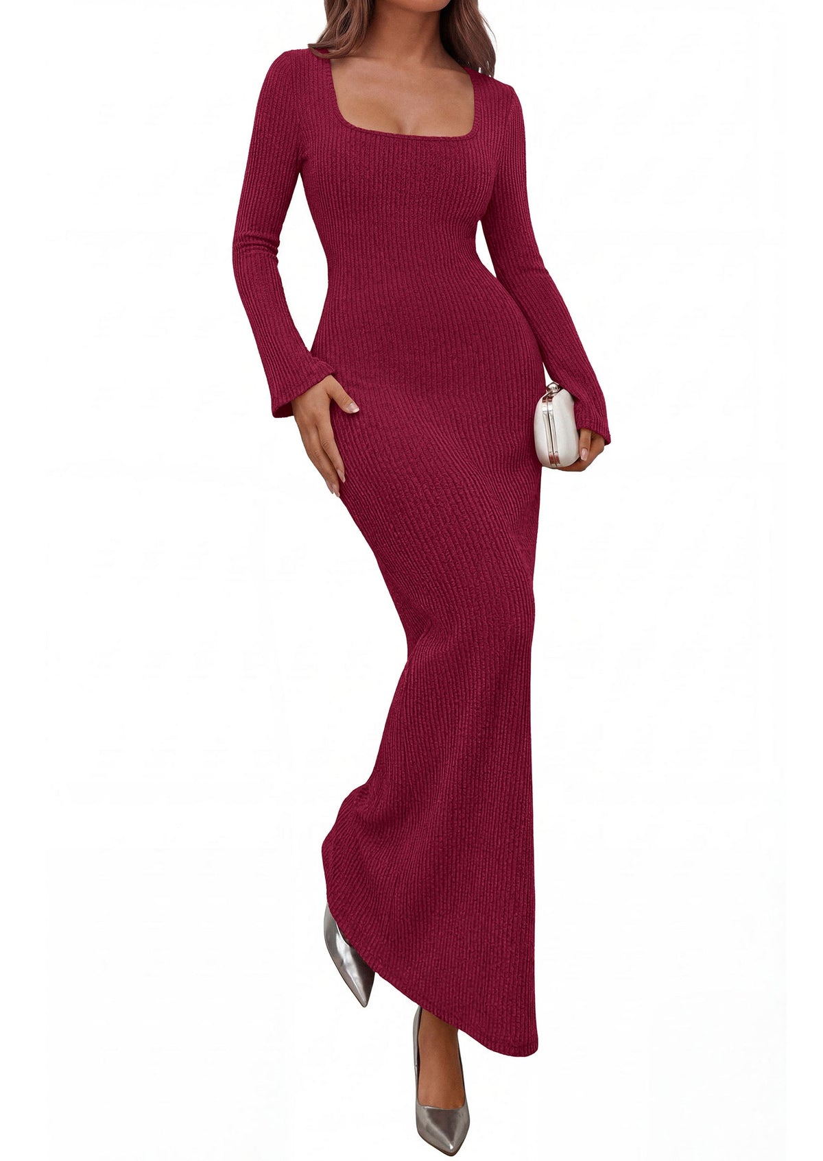 Ribbed Knit Bodycon Mermaid Maxi Dress - Long Sleeve, Square - Photo 21