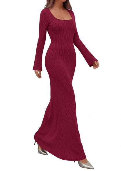 Ribbed Knit Bodycon Mermaid Maxi Dress - Long Sleeve, Square - Photo 22