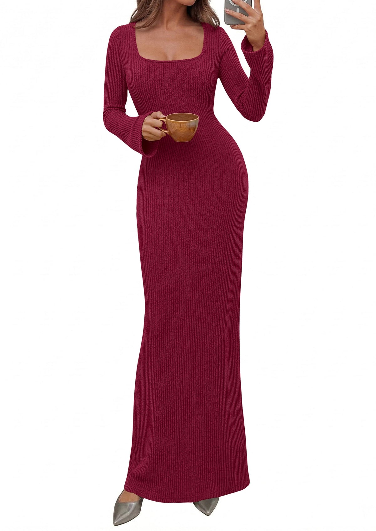 Ribbed Knit Bodycon Mermaid Maxi Dress - Long Sleeve, Square - Photo 23