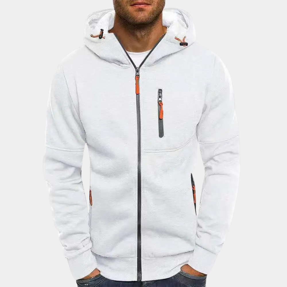 Men's slim fit full-zip hoodie with ribbed edges and secure zipper pocket by Orsenvi