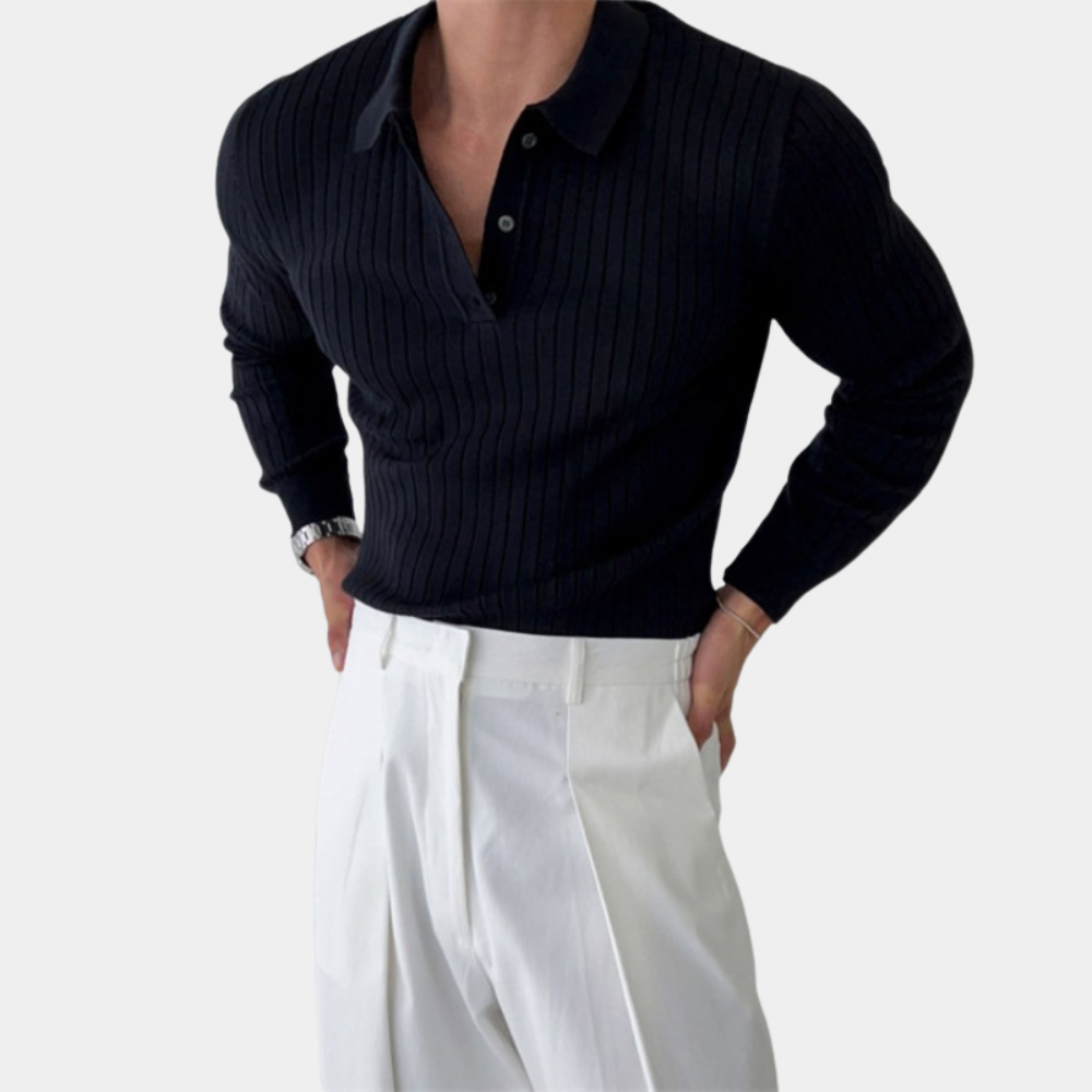 Men's ribbed knit polo sweater slim fit long sleeve with classic collar by Orsenvi