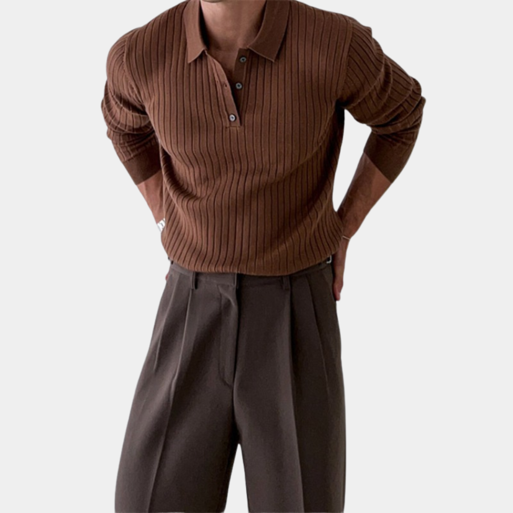 Men's ribbed knit polo sweater slim fit long sleeve classic collar structured vertical ribs