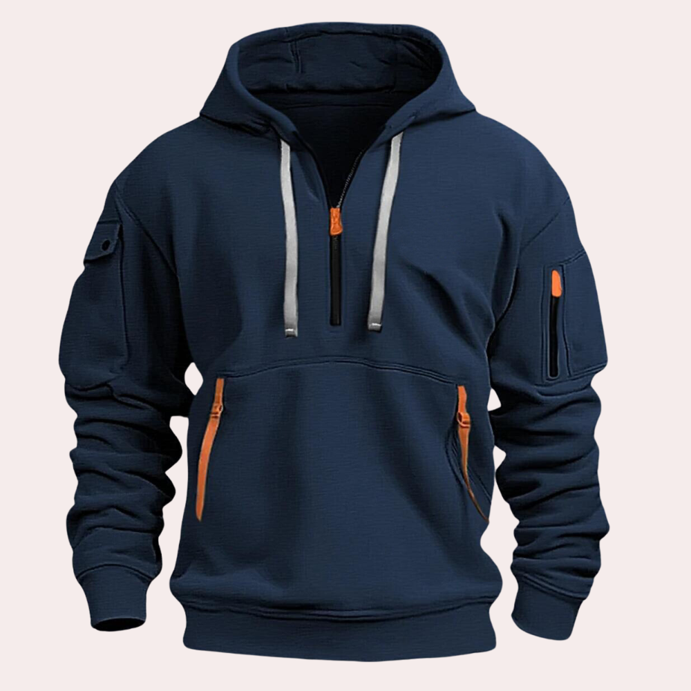 Men's relaxed-fit half-zip hoodie with adjustable hood and zipper pockets for fall layering