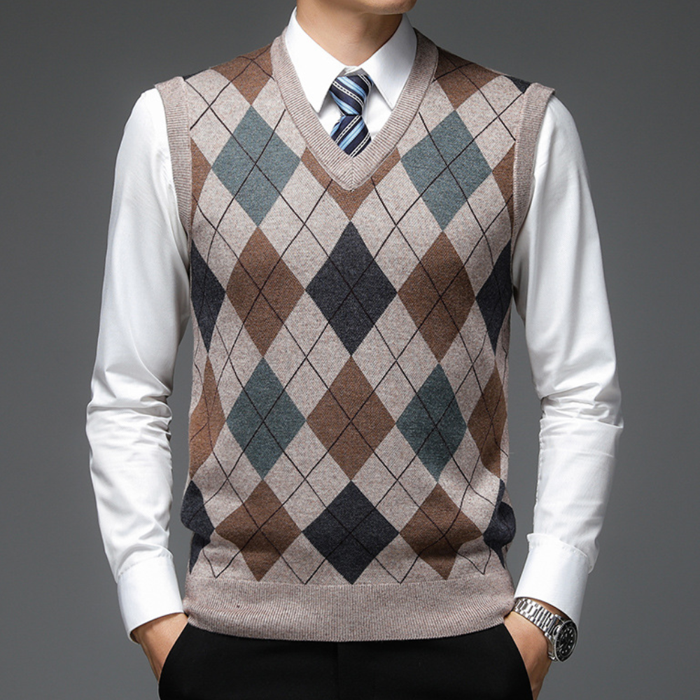 Mens Knitted Argyle Pattern Sweater Vest V Neck Tailored Fit