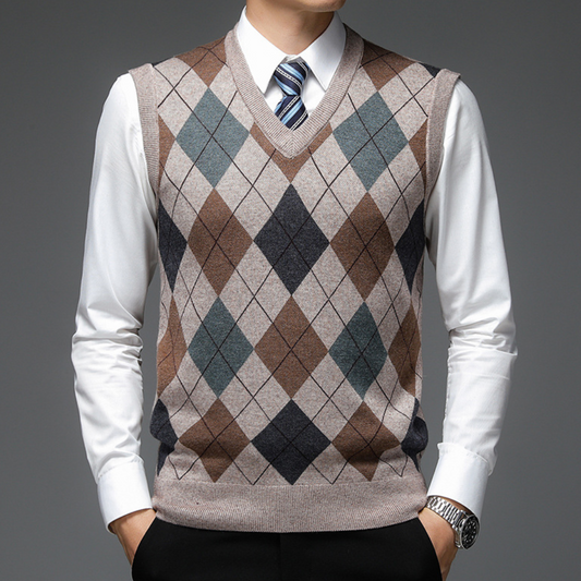 Mens Knitted Argyle Pattern Sweater Vest V Neck Tailored Fit