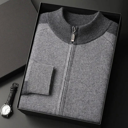 Caden gray cashmere full-zip sweater with ribbed trim and contrast shoulder accents