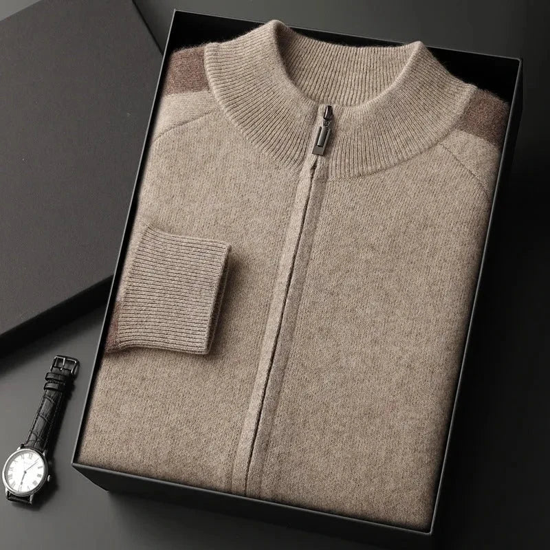 Caden camel cashmere full-zip sweater with ribbed trim and contrast shoulder accents