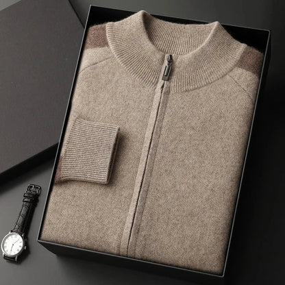 Caden camel cashmere full-zip sweater with ribbed trim and contrast shoulder accents
