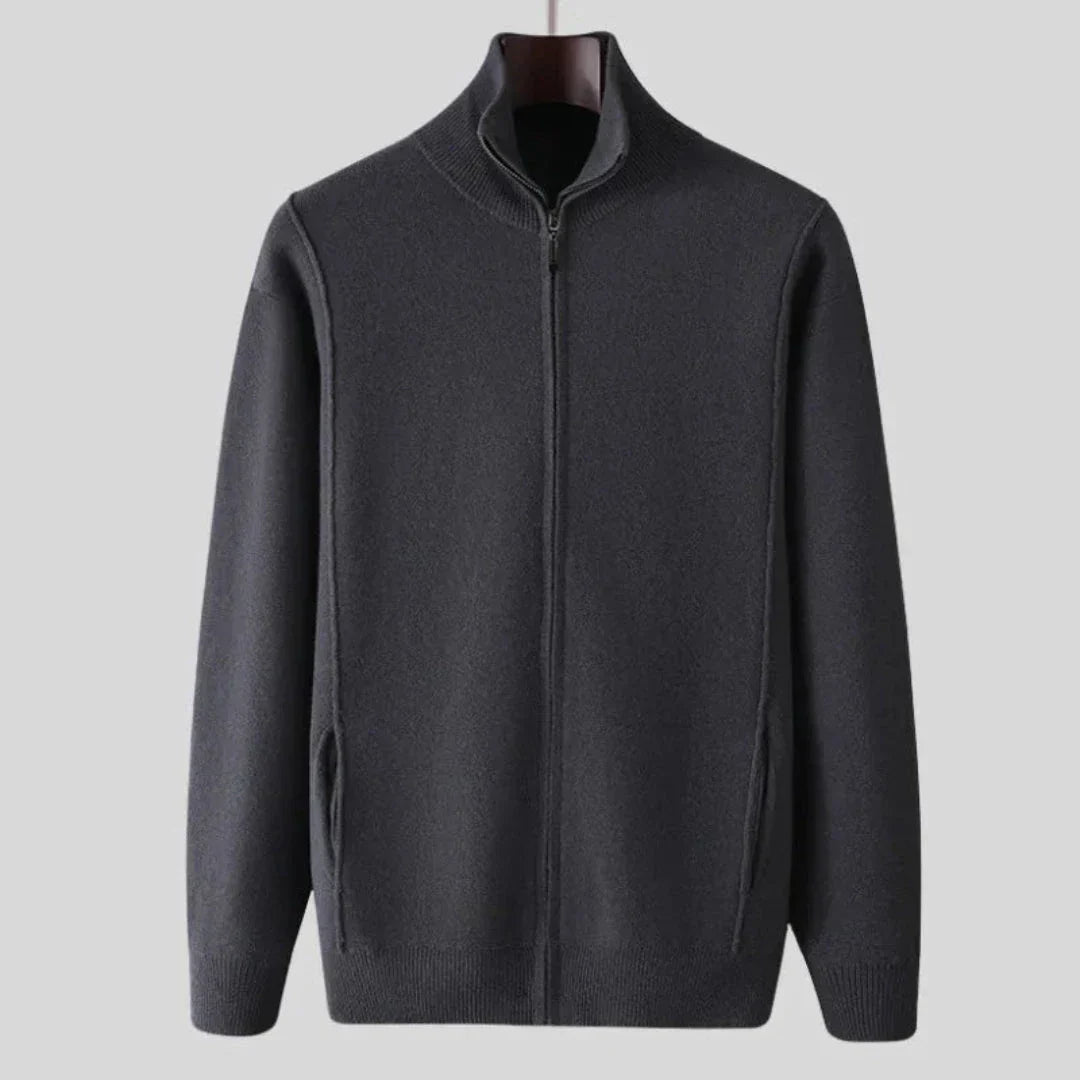 Men's full-zip wool sweater in fine-knit texture with tailored ribbed trim and side pockets