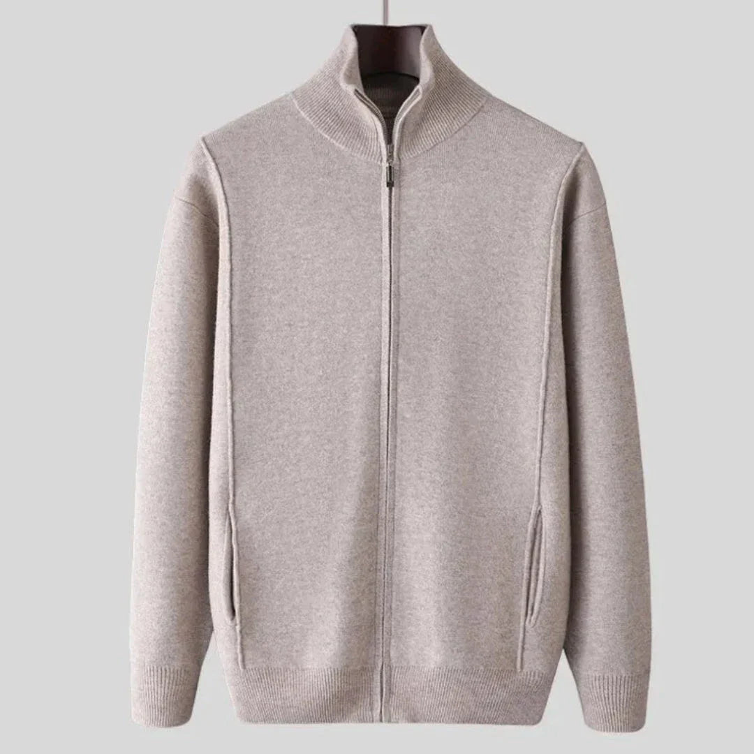 Men's full-zip wool sweater in neutral tone, fine-knit texture with tailored ribbed trim