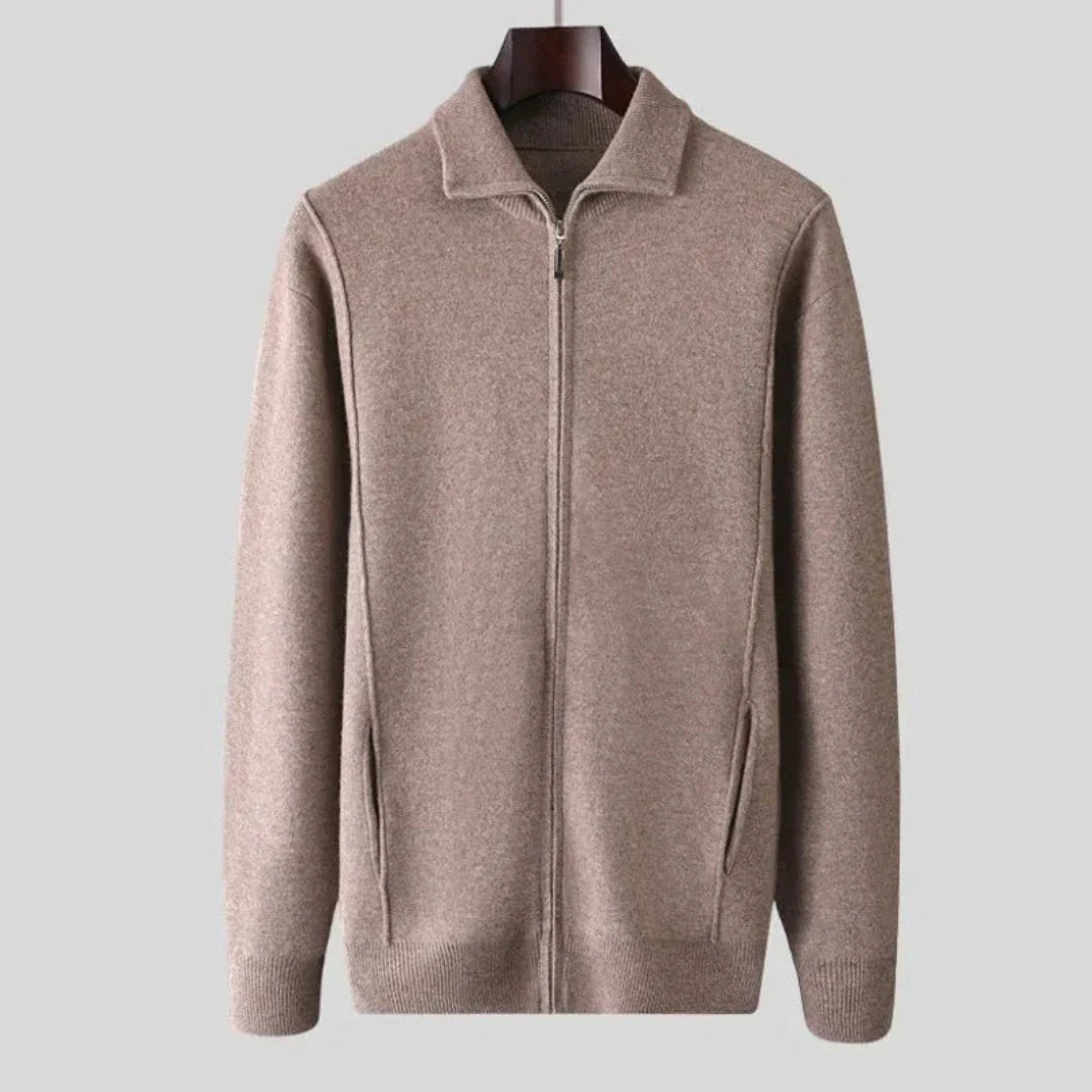Men's full-zip wool sweater in neutral tone, fine-knit texture with tailored ribbed trim